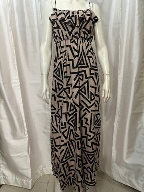 Forever 21 Maxi Dress Small NWOT Geometric Ruffle Strappy Taupe Black Tribal